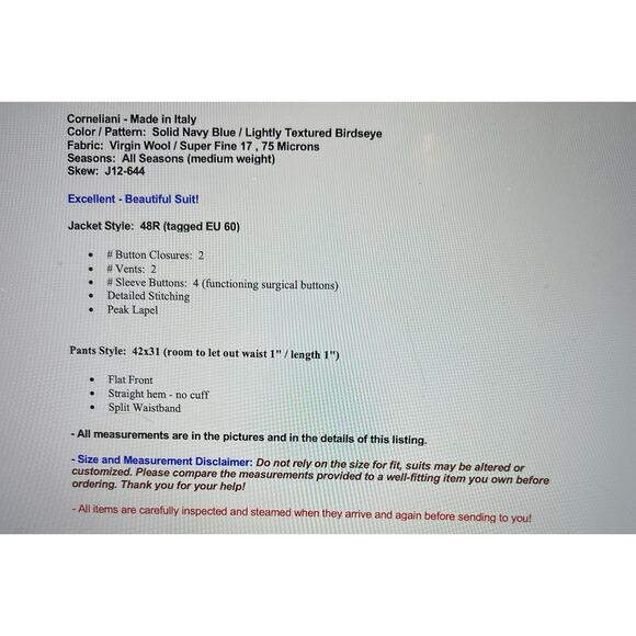 Corneliani 48R 42x31 Navy Blue Luxury Designer Suit Virgin Wool 17,75 Microns - Picture 2 of 16